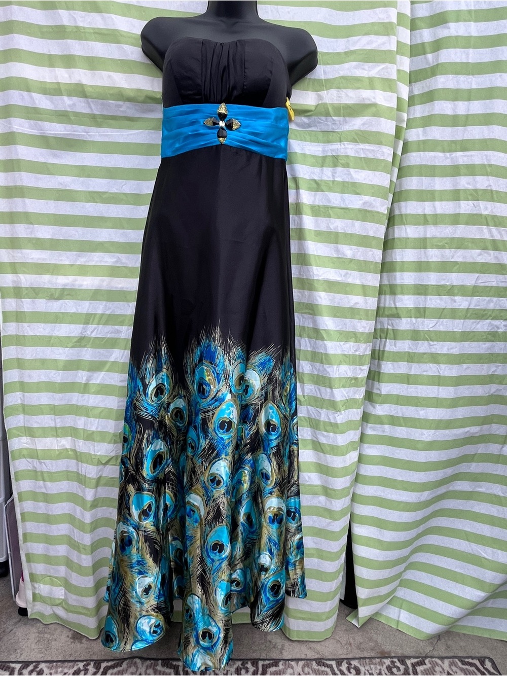 Ever Pretty Black Strapless Maxi Dress with Blue Peacock Print